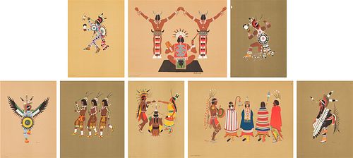 Jack Hokeah & Stephen Mopope  (8) Prints from Kiowa Indian Art Portfolio, 1979 Bell Version