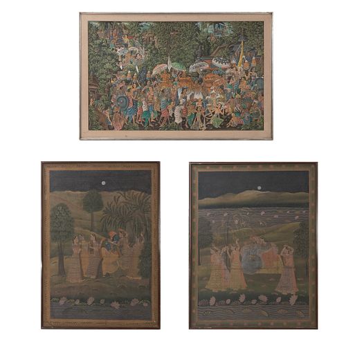 Lote de 3 obras pictóricas. Acrílico sobre tela y técnica mixta sobre tela. Temática hindú. 175 x 122 cm (mayor)
