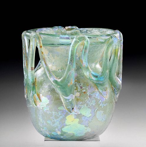 Stunningly Iridescent Roman Glass Jar  w/ Rigaree