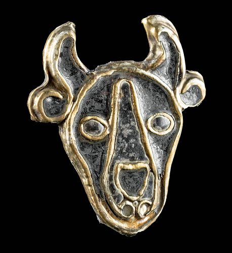 5th C. Merovingian Iron Bull Brooch w/ Enamel & Gold