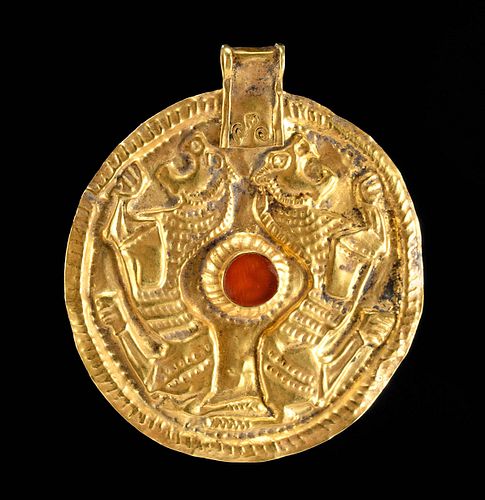 Persian Achaemenid Gold Repousse Pendant Lions