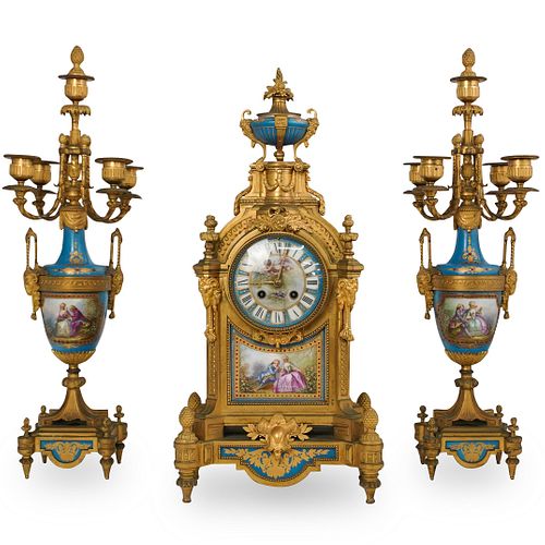 (3 Pc) Antique French Sevres Clock Set