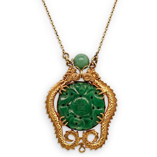 22K Chinese Gold Jadeite Dragon Pendant Necklace