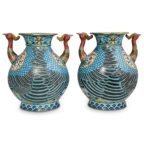 Pair of Antique Chinese Phoenix Cloisonne Vases