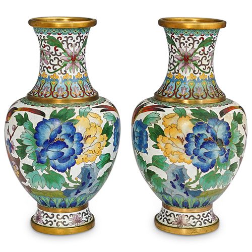 (2 Pc) Chinese Small White Cloisonne Vases