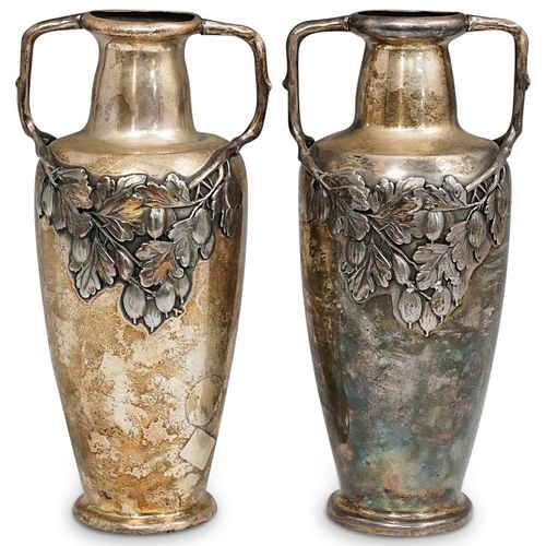 (2 Pc) Art Nouveau Silver Plated German Vases