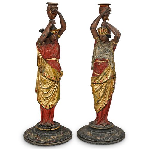 Pair of Mixed Metal Figural Greco Roman Candle Holders