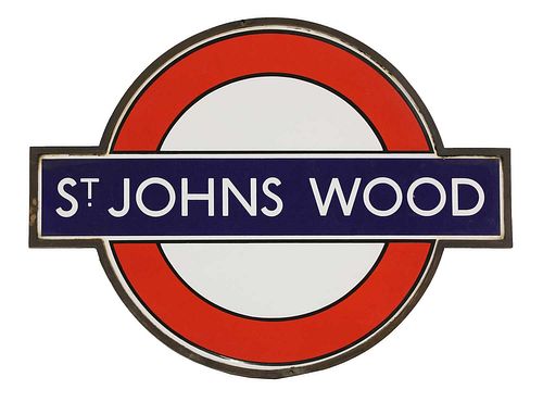 A London Underground enamelled station sign: 'St Johns Wood',