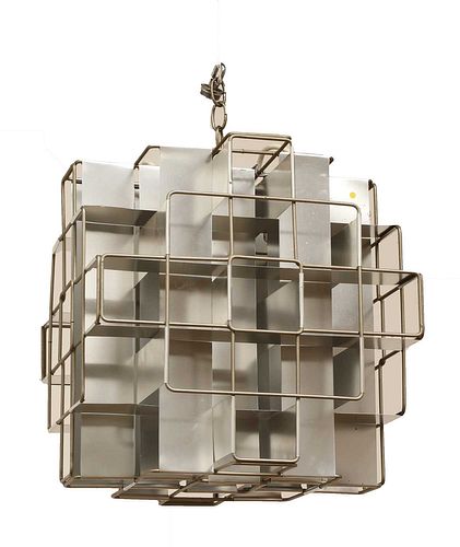 A modern aluminium cube-form pendant light,