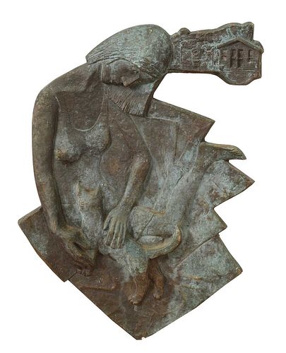 A patinated bronze wall sculpture,