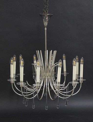 A hanging silver-plated twelve-light chandelier,
