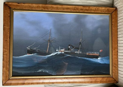 Antique gouache rendering of steamship 'Amanda' circa 1880, period maple frame