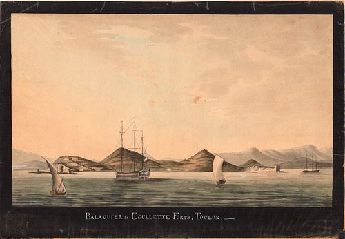 Watercolor view 18th/19th c. Balaguier to Egullette Forts Toulon Napoleon