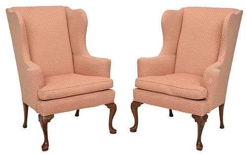 Pair Queen Anne Style Upholstered Easy Chairs