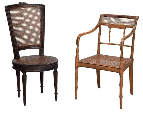 Two Caned Paint Decorated Upholstered Chairs