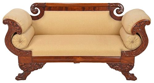 American Classical Carved Mahogany Upholstered Sofa