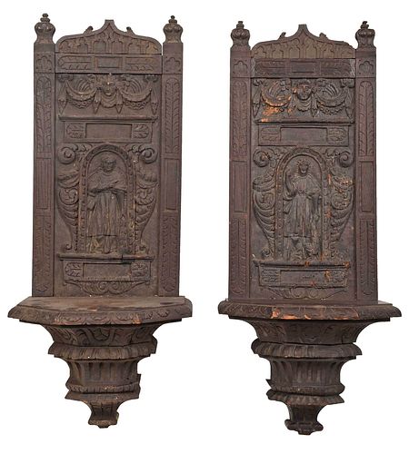 Pair Gothic or Gothic Style Carved Oak Wall Brackets