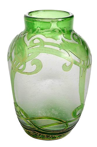 Dorflinger Honesdale Green Cameo Glass Vase