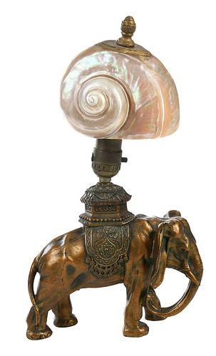 Gilt Metal Elephant Lamp with Mollusk Shell Shade 