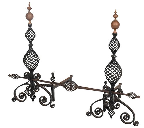 Large Pair Wrought Iron and Brass Andirons