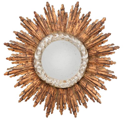 Baroque Style Silvered and Gilt Sunburst Mirror