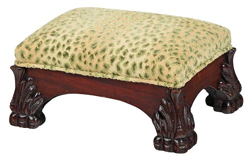 Classical Style Carved Mahogany Upholstered Footstool