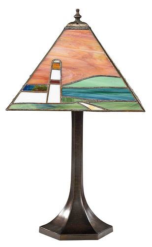 Modern Stained Glass Shade with Gilt Metal Base