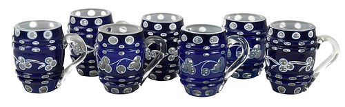 Seven Blue and White Cut To Clear Cups