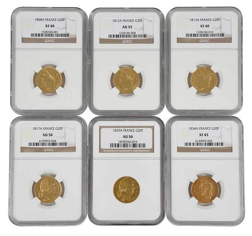 Six 19th Century French 20 Franc Gold Coins