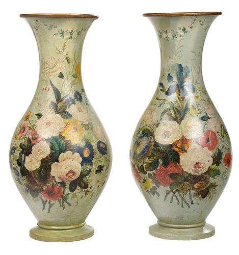 Large Pair of French Hand Painted Terracotta Vases 