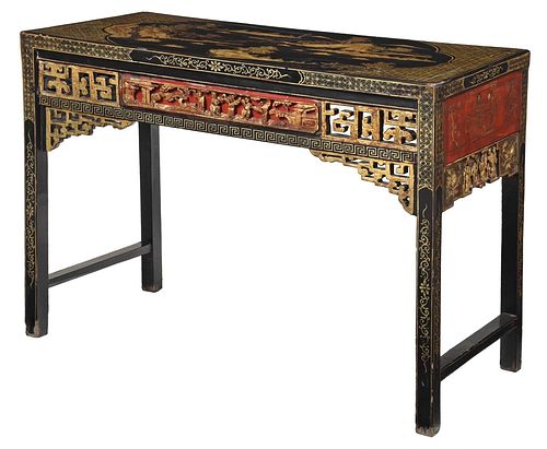 Chinese Lacquered, Gilt, and Polychromed Scroll Table