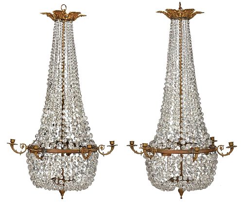 Pair of Bronze and Crystal Basket Form Chandeliers