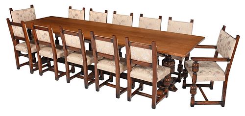 Jacobean Style Carved Oak Upholstered Dining Suite