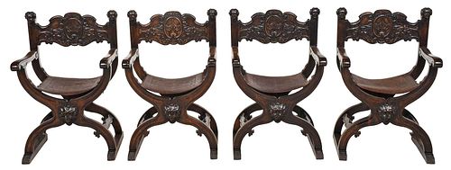 Set of Four Spanish Baroque Style Leather Upholstered Chairs