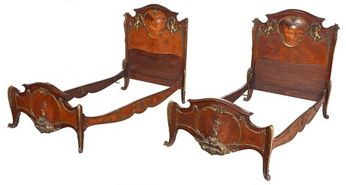 Fine Pair Louis XV Style Bronze Mounted Marquetry Bedsteads