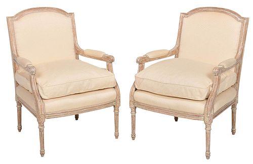 Pair Louis XVI Style Painted Upholstered Open Armchairs