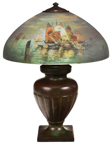Handel Reverse Painted and Patinated Bronze Lamp