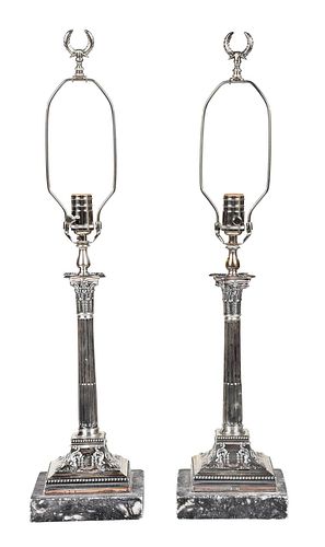 Pair of English Silver Candlesticks/Lamps