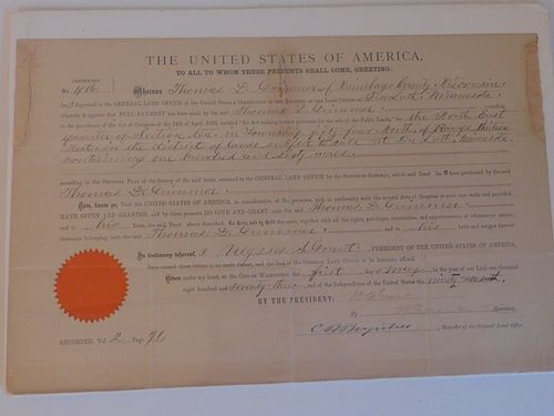 PRES. US GRANT SIGNED LAND GRANT