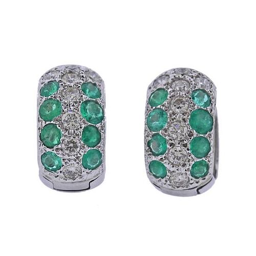 18K Gold Diamond Emerald Hoop Earrings