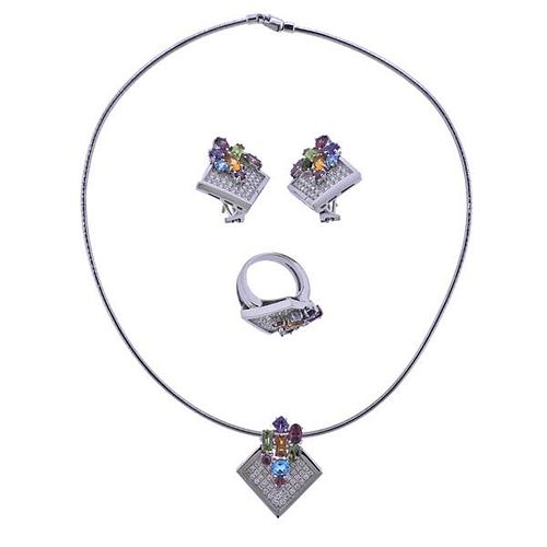 18k Gold Diamond Gemstone Earrings Ring Necklace Set