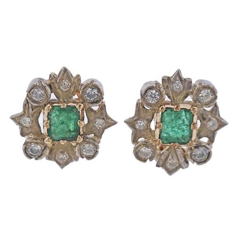 18K Gold Silver Diamond Emerald Earrings