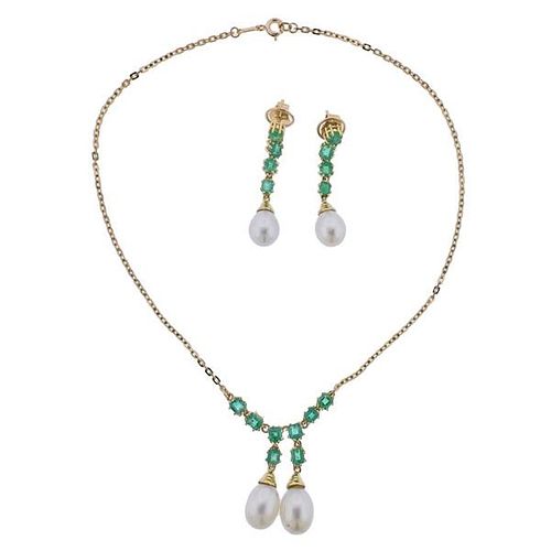 18K Gold Emerald Pearl Necklace Earrings Set