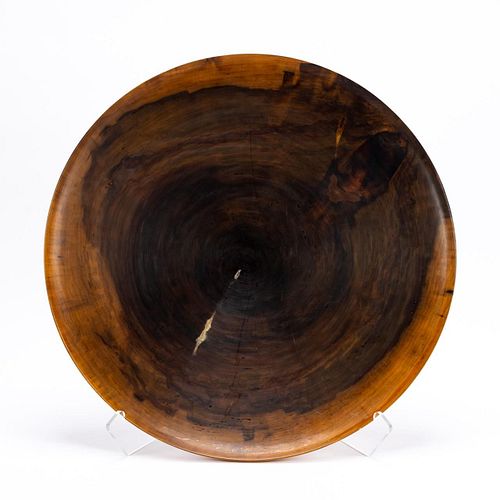 ED MOULTHROP, FIGURED TULIPWOOD CHARGER WITH STAND