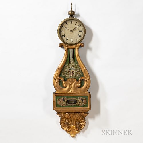 Edmund Currier Gilt-front "Harp-pattern Timepiece" or Lyre Clock