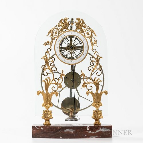 French Long-running Glass-plate Skeleton Clock with Remontoire
