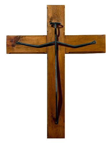 Modernist Wrought Iron and Wood Crucifix Wall Hanging