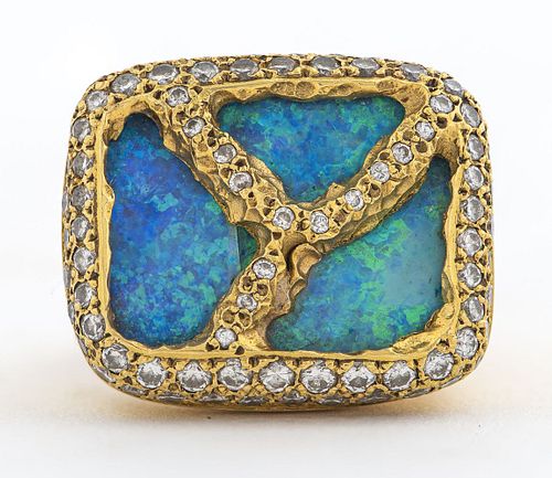 Vintage 18K Yellow Gold Diamond & Opal Inlay Ring