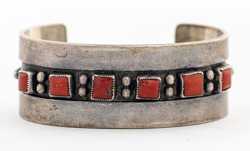 Navajo Native American Silver Coral Cuff Bracelet