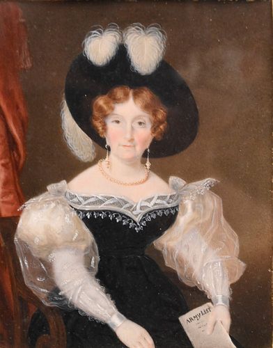 After William Charles Ross
1794 - 1860
portrait of an elegant woman holding a letter marked "Army List"
unsigned
sight size 5 x 4 inches